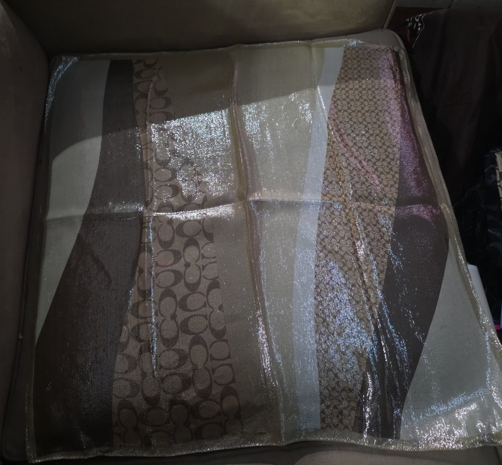 Coach Signature Lurex Silk Scarf Metallic Khaki C print Approx 21x21